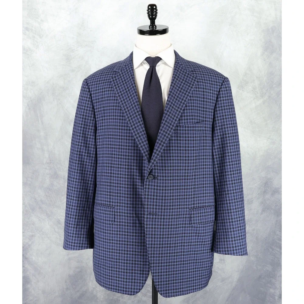 Samuelsohn Sport Coat Mens 48R Super 120s Wool Gingham Plaid Blue Blazer Jacket